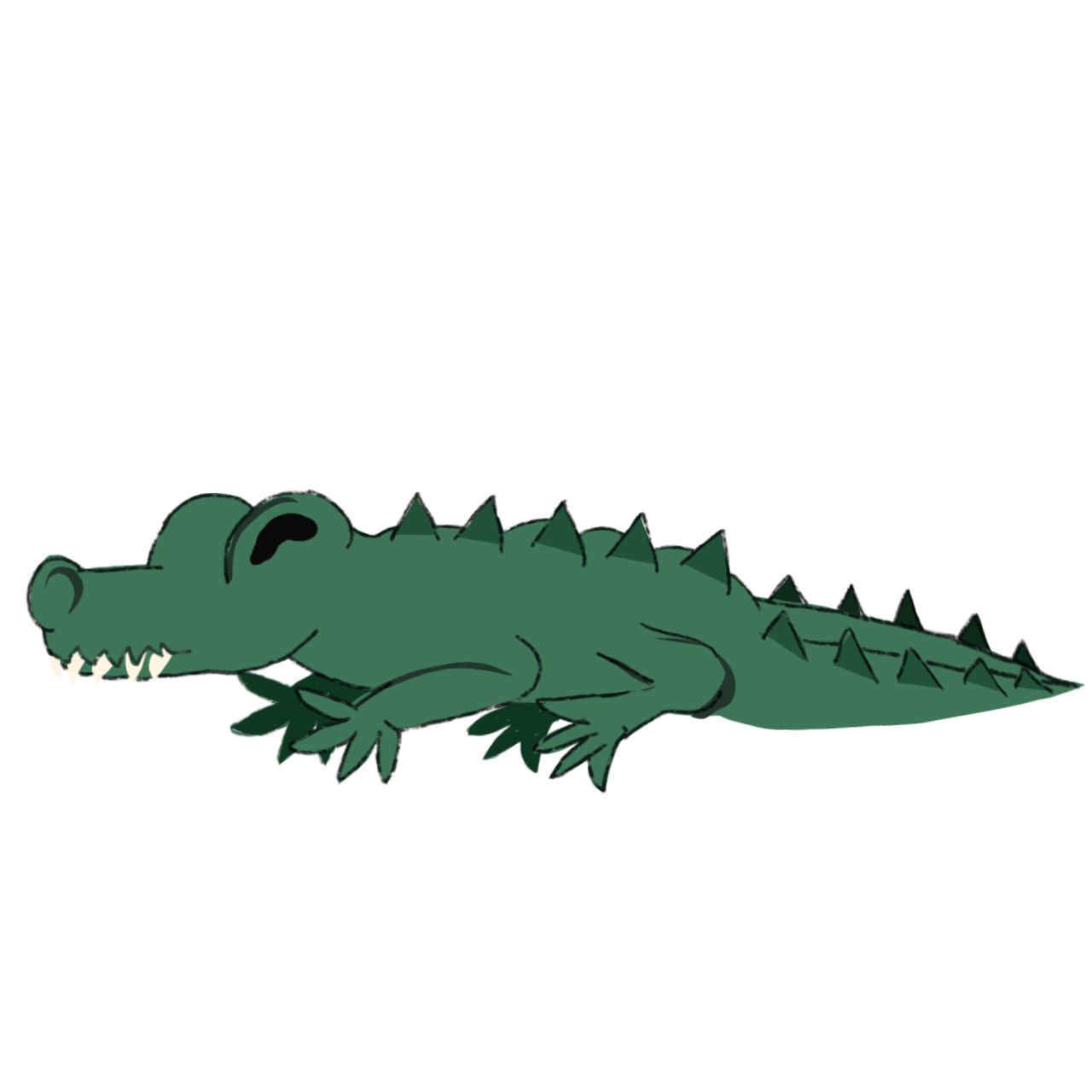 a simple, cartoon-style illustration of a alligator. The gator is green, lying flat on its belly, with its tail stretched out. Its body has a series of triangular spikes along its back, and it has visible white teeth.